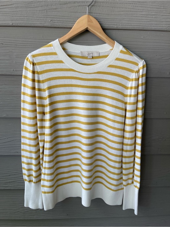 LOFT Sweaters - LOFT Women's Yellow White Striped Puff Sleeve Knit Sweater Size L